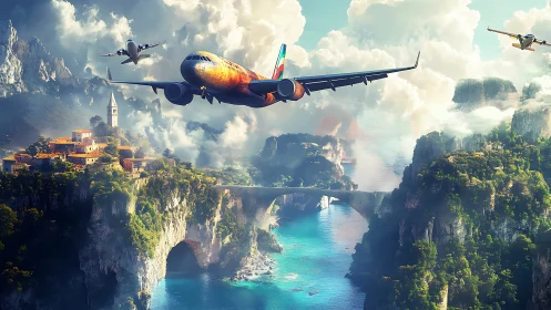 Jet airliners fly over vivid cliffs and turquoise coast.