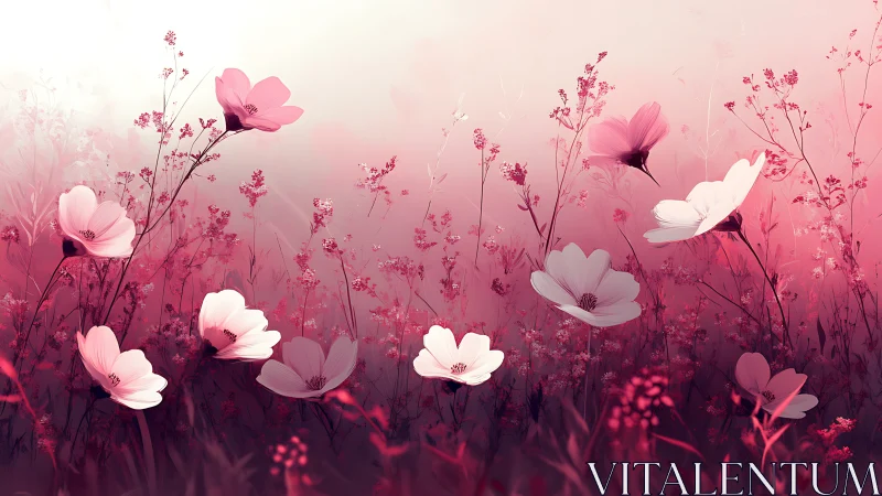 Ethereal cosmos flowers blooming in atmospheric pink gradient landscape.