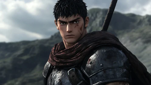 Armored warrior portrait is rendered against a mountain landscape