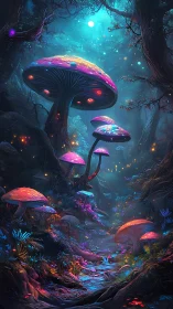 Bioluminescent mushrooms form a neon forest under diffused moonlight