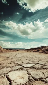Cracked desert track under expansive clouds in daylight.