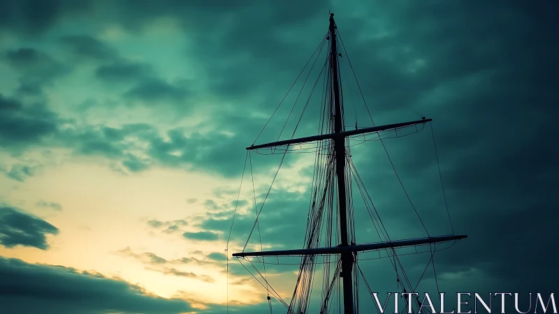 Tall ship mast silhouette at sunset with dramatic cloudy sky.