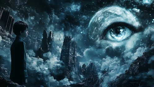 Boy gazes at cosmic eye above shattered dreamlike ruins