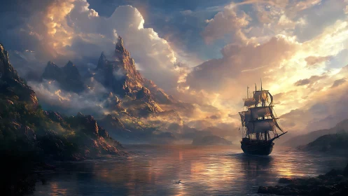 Tall ship under dramatic sky near steep coastal mountains.