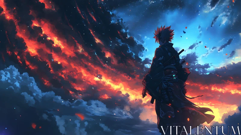 Samurai silhouette studies dual-tone nebular sky gradients