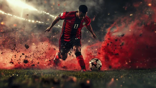 Soccer player drives ball through explosive stadium smoke