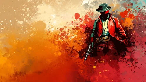 Bold gunslinger strides through a storm of blazing paint splashes