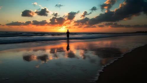 Silhouette stands at shoreline while clouds reflect on wet sand
