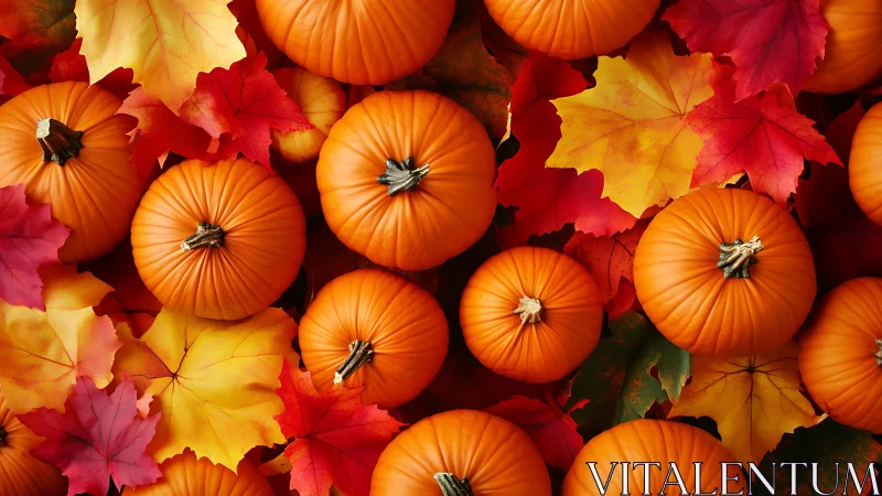 Pumpkins rest over vivid red and gold autumn leaves.