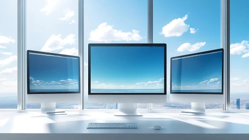 Modern triple-monitor desktop with panoramic sky view.