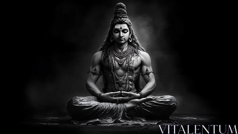 Monochrome meditative deity rendered in high-contrast chiaroscuro.