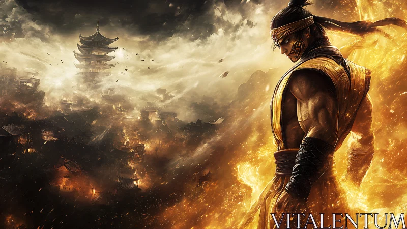 Warrior in golden energy before stormed pagoda landscape.