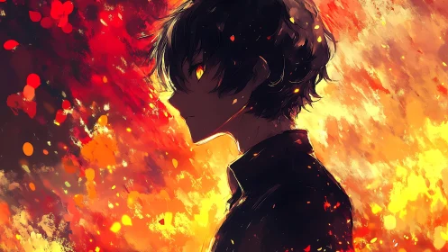 Side profile silhouette of figure against dense fiery backdrop