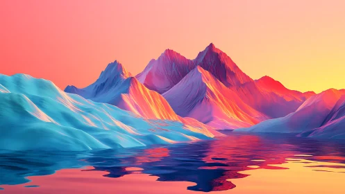 Low-poly mountain range with reflective water surface.