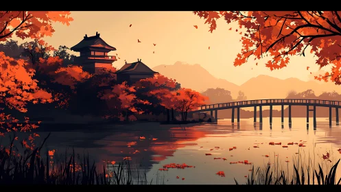 Autumn lakeside temple and bridge rendered in atmospheric digital style