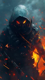 Hooded armored figure with glowing eyes in burning smoke.