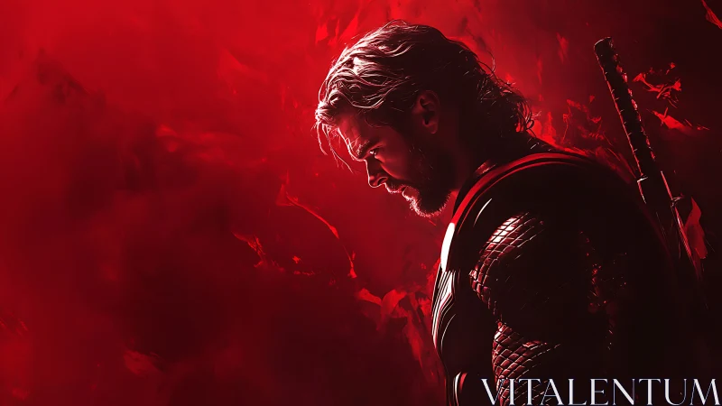 Armored warrior in profile against crimson atmospheric void