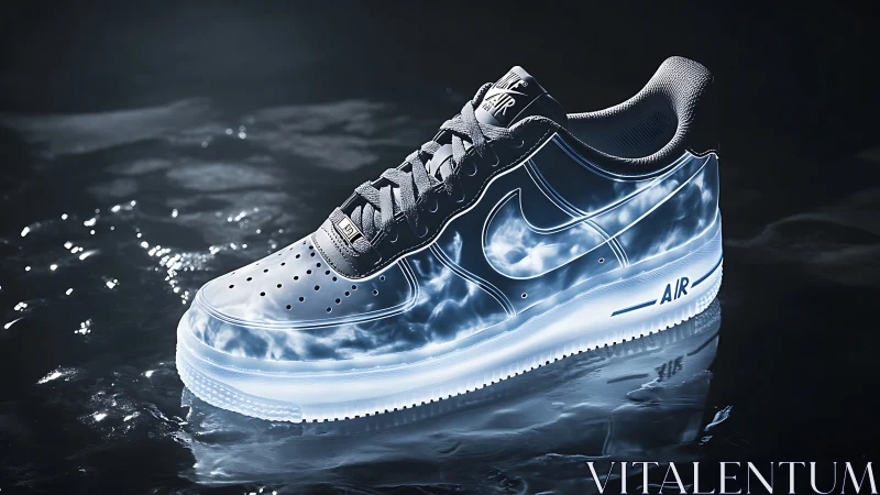Futuristic glowing Nike sneaker on reflective wet surface.