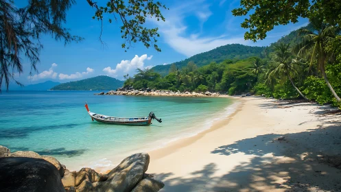 Tropical Beach Paradise with Longtail Boat and Crystal Waters