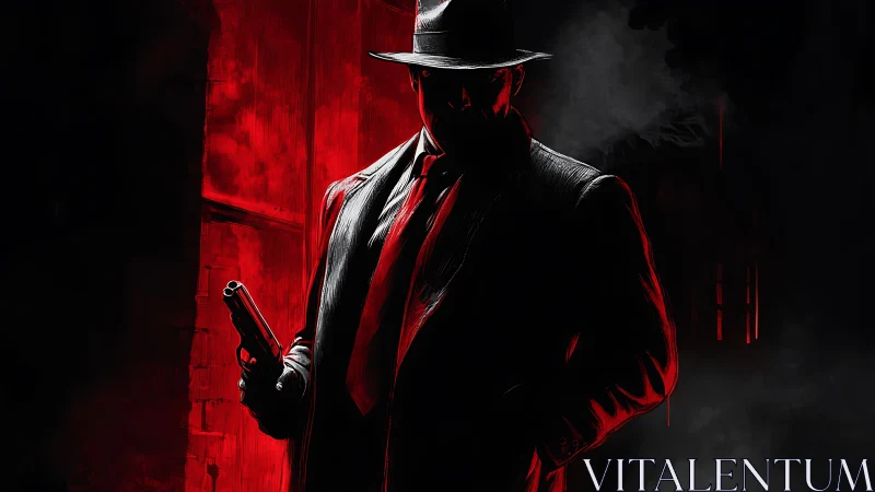 Silhouetted gunman in trench coat against red backlight.