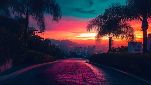 Sunset city street with palm trees and distant skyline.
