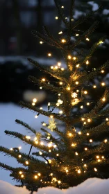 Photorealistic winter fir tree with warm festive string lights.