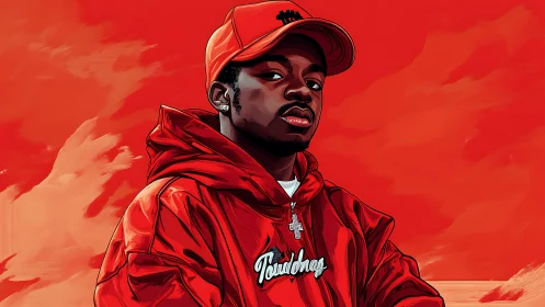 Streetwear portrait glows inside saturated red minimal field.