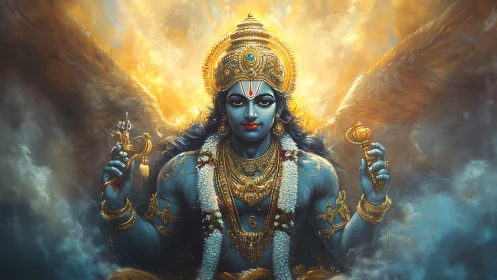 Blue-skinned four-armed deity amid clouds and light.