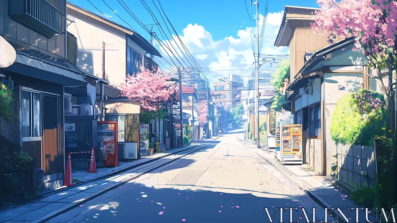 Sunlit residential street shows vending machines and cherry trees