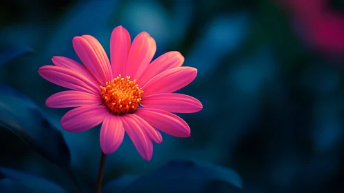 Vibrant Pink Daisy with Golden Center Against Blue Bokeh.