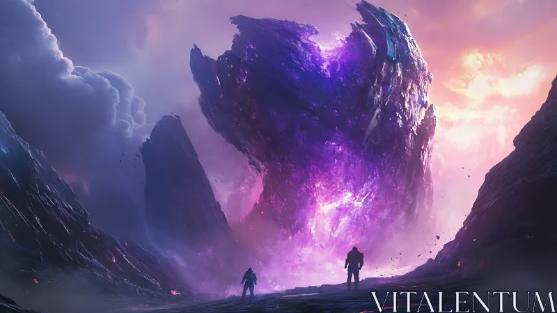 Colossal violet monolith towers above explorers at dawn