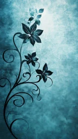 Dark botanical vine with five-petal flowers on textured turquoise background