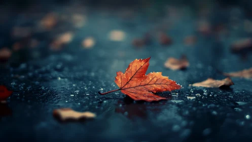 Lone maple leaf resting on rain-soaked asphalt at dusk.