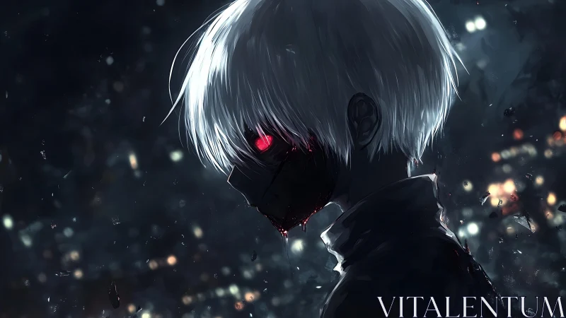 White-haired anime figure glows with a single red eye.