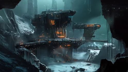 Frozen sci fi fortress glows amid a harsh polar abyss