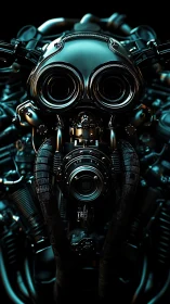 Futuristic chrome robot face glowing in deep teal light.