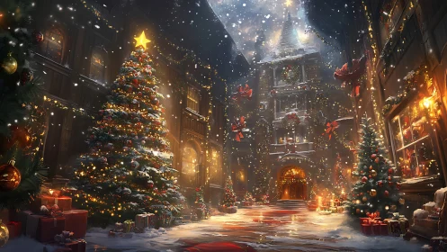 Snowy Christmas courtyard glows under warm festive lights