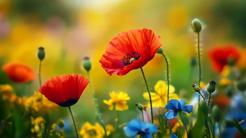 Red Poppies Bloom Among Wildflowers in Sunlit Garden