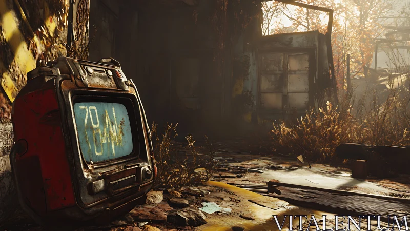 Photorealistic post-apocalyptic monitor in decayed atrium.