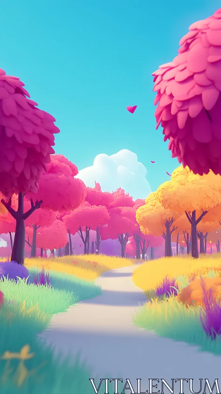 Chromatic Landscape with Layered Trees and Winding Path. Cyan Sky.