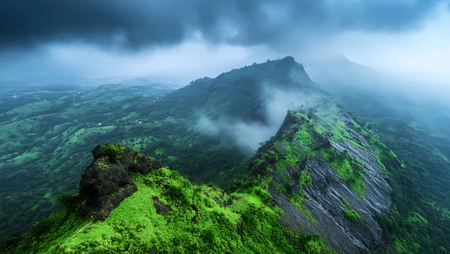 Stormy green mountain ridge under low clouds and mist.