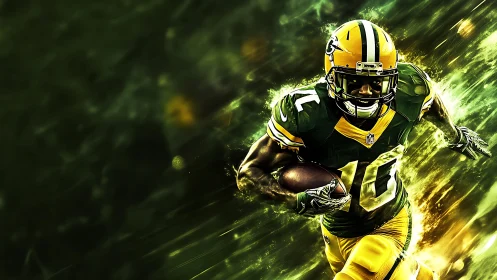 Gridiron runner in green and yellow uniform, dynamic pose.