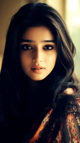 Portrait of young woman with patterned shawl indoors.