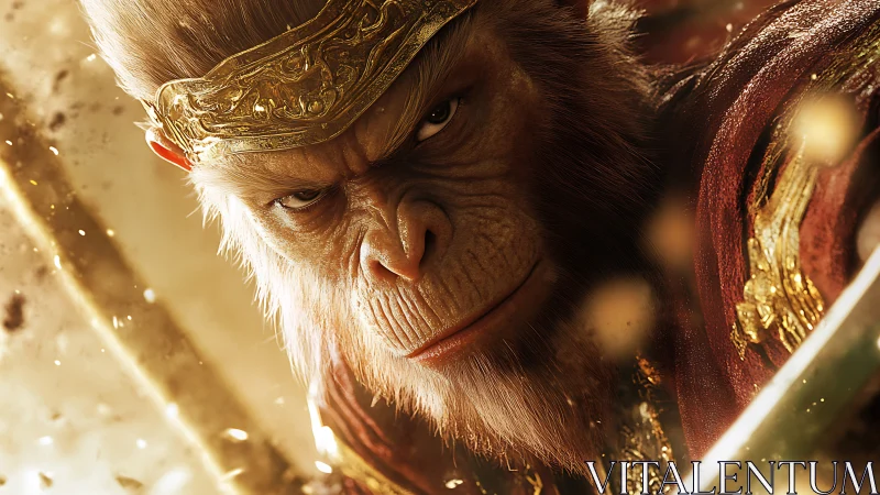 3D warrior monkey portrait with ornate golden crown focus.