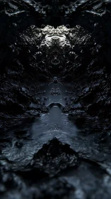 Glistening black ravine channels eerie light through darkness