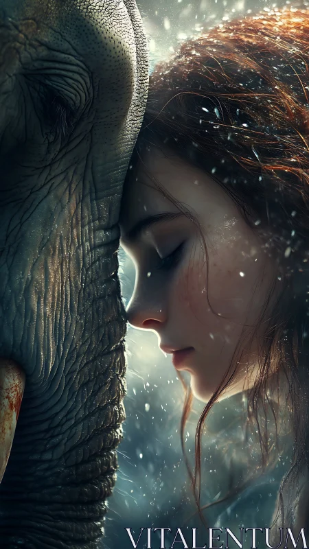 Quiet winter bond between girl and gentle elephant friend.