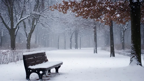 Snow covered bench stands empty in a quiet winter park