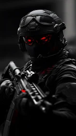 Red-eyed shadow commando locking aim in neon gloom.