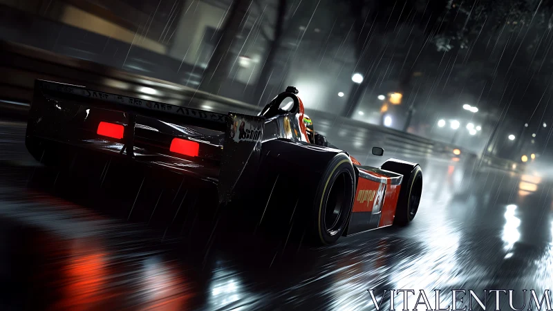 Night race car powers through rain on slick neon circuit