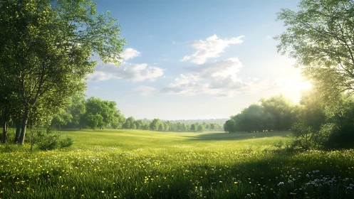 Sunlit meadow hush under whispering springtime treetops.